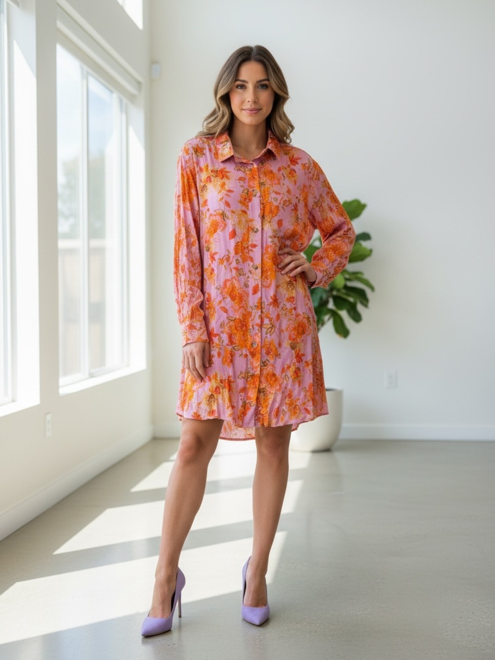 Vici Pink and Orange Floral Button-Down Shirt Dress